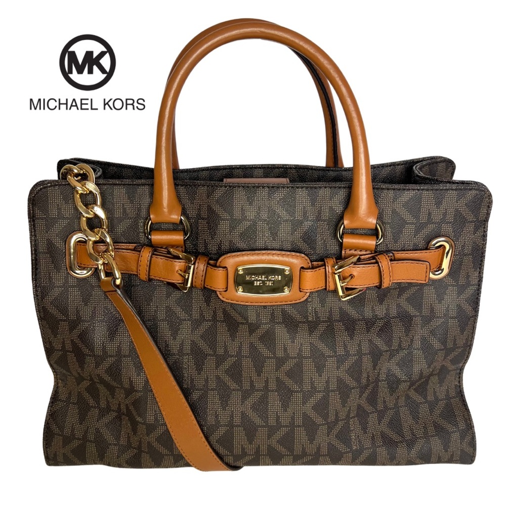 MICHAEL KORS Hamilton MK Signature Large Tote Bag Handbag Brown Leather